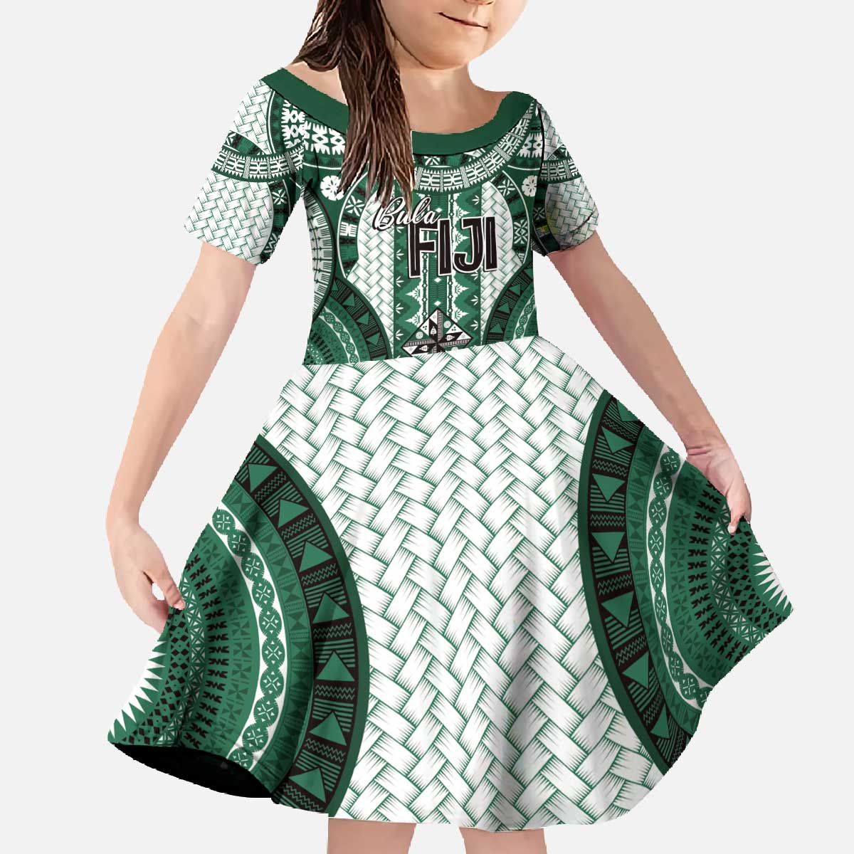 Bula Fiji Vintage Family Matching Off The Shoulder Long Sleeve Dress and Hawaiian Shirt Phthalo Green Masi Motifs LT7 Daughter's Dress Phthalo Green - Polynesian Pride