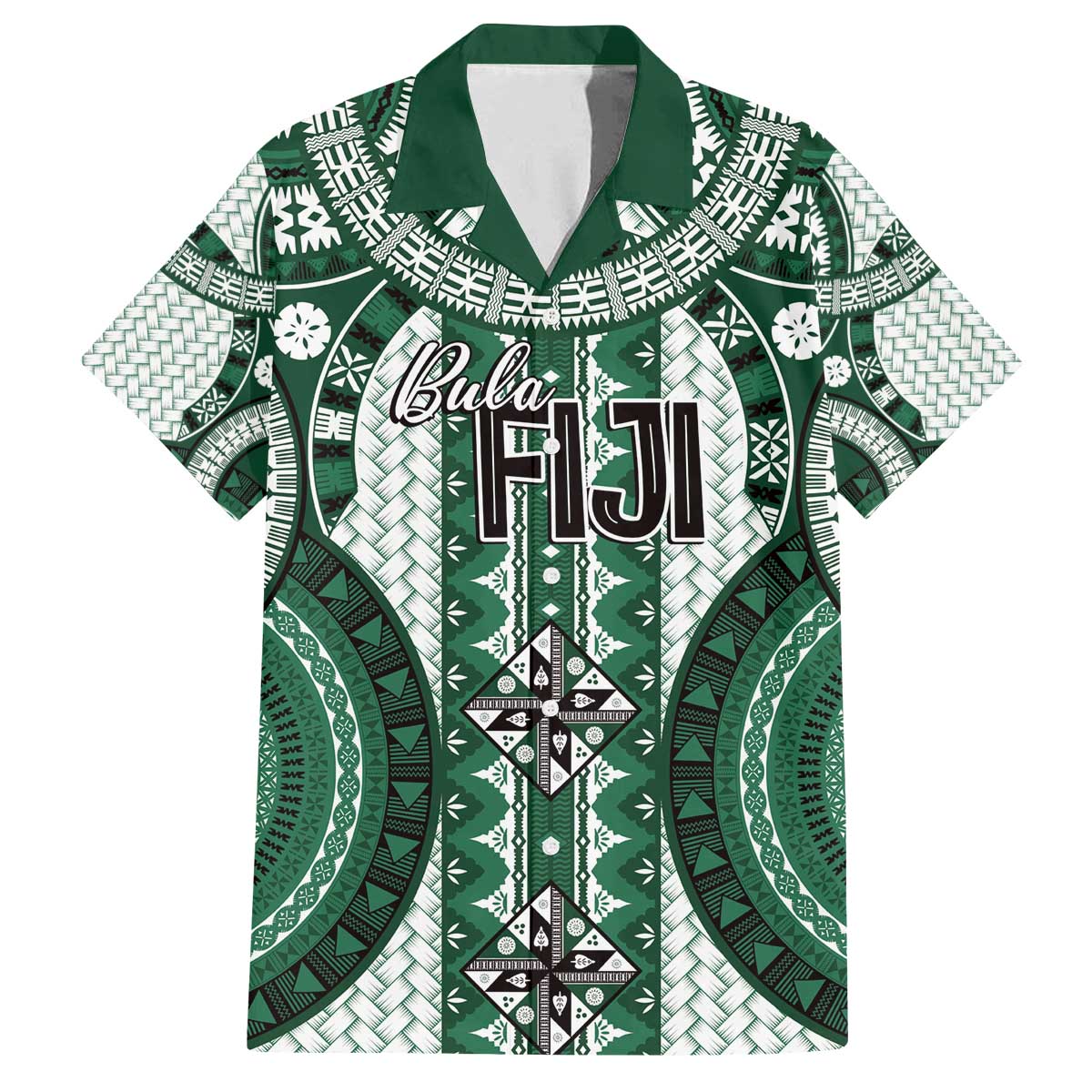 Bula Fiji Vintage Family Matching Off The Shoulder Long Sleeve Dress and Hawaiian Shirt Phthalo Green Masi Motifs LT7 Dad's Shirt - Short Sleeve Phthalo Green - Polynesian Pride