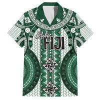 Bula Fiji Vintage Family Matching Off The Shoulder Long Sleeve Dress and Hawaiian Shirt Phthalo Green Masi Motifs LT7 Dad's Shirt - Short Sleeve Phthalo Green - Polynesian Pride