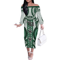 Bula Fiji Vintage Family Matching Off The Shoulder Long Sleeve Dress and Hawaiian Shirt Phthalo Green Masi Motifs LT7 Mom's Dress Phthalo Green - Polynesian Pride