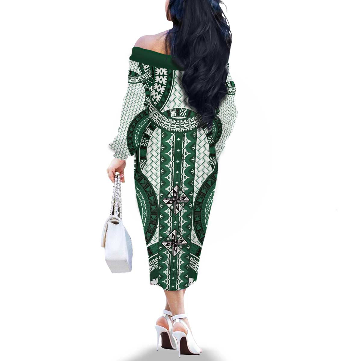 Bula Fiji Vintage Family Matching Off The Shoulder Long Sleeve Dress and Hawaiian Shirt Phthalo Green Masi Motifs LT7 - Polynesian Pride