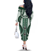 Bula Fiji Vintage Family Matching Off The Shoulder Long Sleeve Dress and Hawaiian Shirt Phthalo Green Masi Motifs LT7 - Polynesian Pride