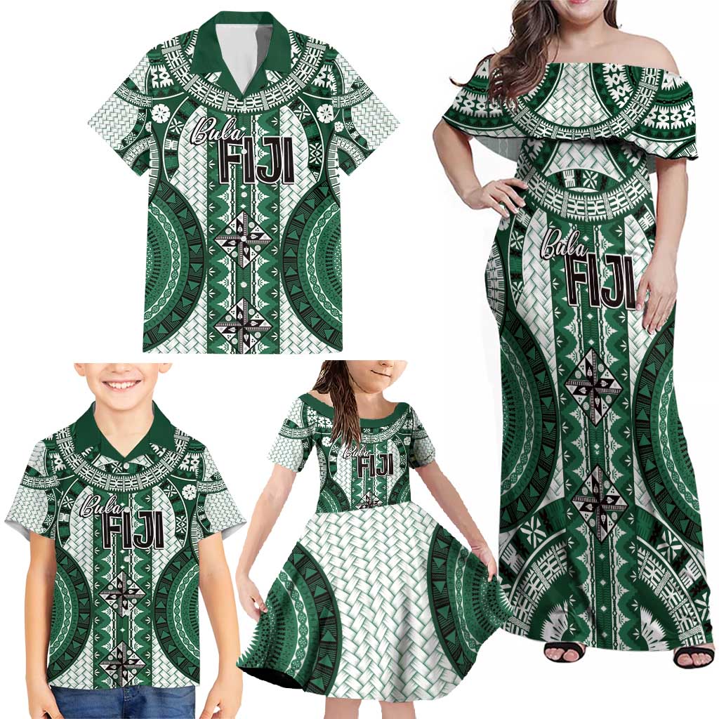 Bula Fiji Vintage Family Matching Off Shoulder Maxi Dress and Hawaiian Shirt Phthalo Green Masi Motifs LT7 - Polynesian Pride