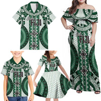 Bula Fiji Vintage Family Matching Off Shoulder Maxi Dress and Hawaiian Shirt Phthalo Green Masi Motifs LT7 - Polynesian Pride