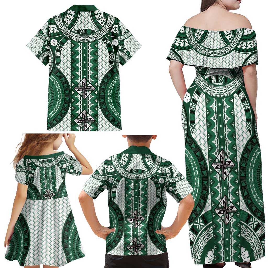 Bula Fiji Vintage Family Matching Off Shoulder Maxi Dress and Hawaiian Shirt Phthalo Green Masi Motifs LT7 - Polynesian Pride