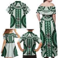 Bula Fiji Vintage Family Matching Off Shoulder Maxi Dress and Hawaiian Shirt Phthalo Green Masi Motifs LT7 - Polynesian Pride