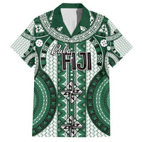 Bula Fiji Vintage Family Matching Off Shoulder Maxi Dress and Hawaiian Shirt Phthalo Green Masi Motifs LT7 Dad's Shirt - Short Sleeve Phthalo Green - Polynesian Pride