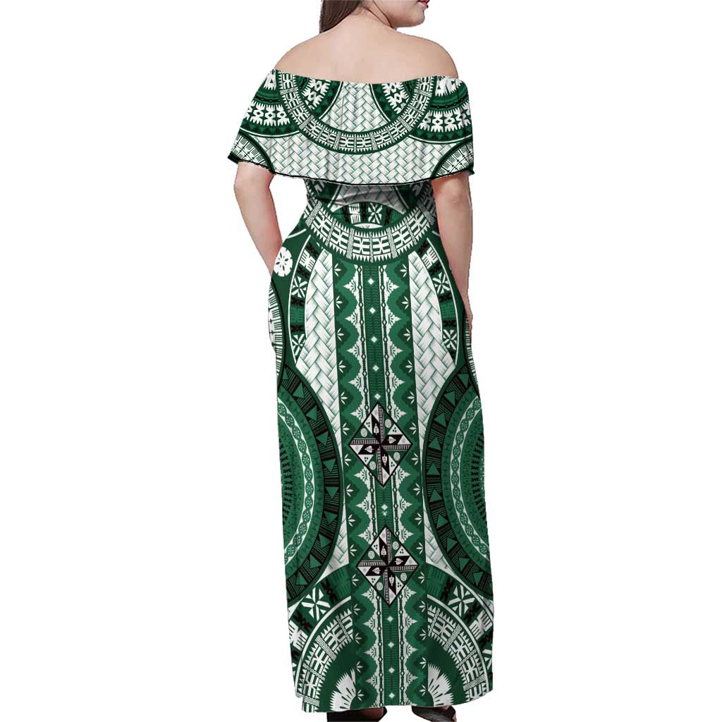Bula Fiji Vintage Family Matching Off Shoulder Maxi Dress and Hawaiian Shirt Phthalo Green Masi Motifs LT7 - Polynesian Pride