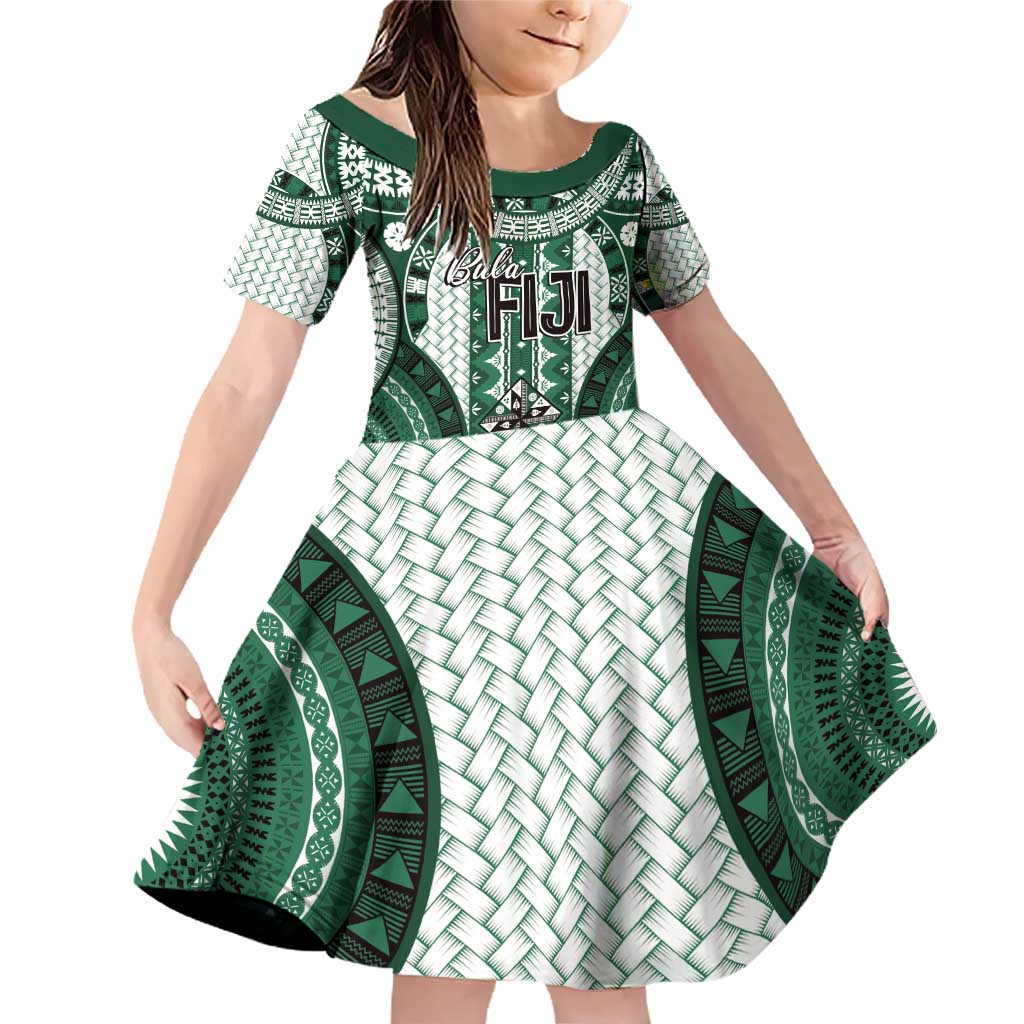 Bula Fiji Vintage Family Matching Off Shoulder Short Dress and Hawaiian Shirt Phthalo Green Masi Motifs LT7 Daughter's Dress Phthalo Green - Polynesian Pride