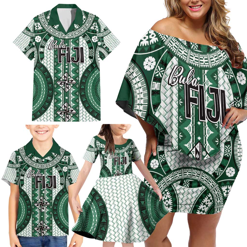 Bula Fiji Vintage Family Matching Off Shoulder Short Dress and Hawaiian Shirt Phthalo Green Masi Motifs LT7 - Polynesian Pride