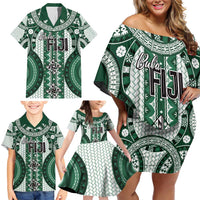 Bula Fiji Vintage Family Matching Off Shoulder Short Dress and Hawaiian Shirt Phthalo Green Masi Motifs LT7 - Polynesian Pride