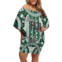 Bula Fiji Vintage Family Matching Off Shoulder Short Dress and Hawaiian Shirt Phthalo Green Masi Motifs LT7 Mom's Dress Phthalo Green - Polynesian Pride