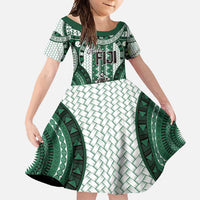 Bula Fiji Vintage Family Matching Short Sleeve Bodycon Dress and Hawaiian Shirt Phthalo Green Masi Motifs LT7 Daughter's Dress Phthalo Green - Polynesian Pride