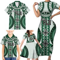 Bula Fiji Vintage Family Matching Short Sleeve Bodycon Dress and Hawaiian Shirt Phthalo Green Masi Motifs LT7 - Polynesian Pride