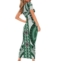 Bula Fiji Vintage Family Matching Short Sleeve Bodycon Dress and Hawaiian Shirt Phthalo Green Masi Motifs LT7 - Polynesian Pride