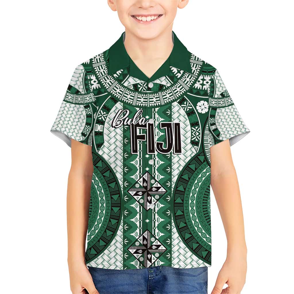 Bula Fiji Vintage Family Matching Short Sleeve Bodycon Dress and Hawaiian Shirt Phthalo Green Masi Motifs LT7 Son's Shirt Phthalo Green - Polynesian Pride