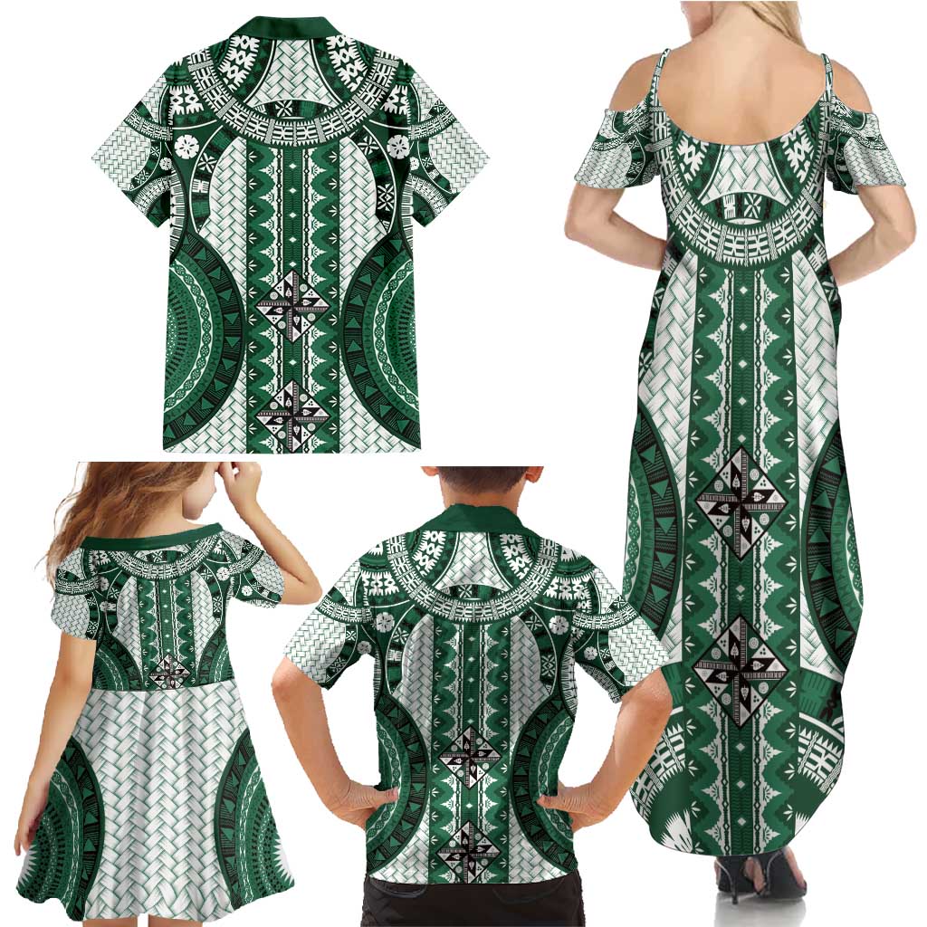 Bula Fiji Vintage Family Matching Summer Maxi Dress and Hawaiian Shirt Phthalo Green Masi Motifs LT7 - Polynesian Pride