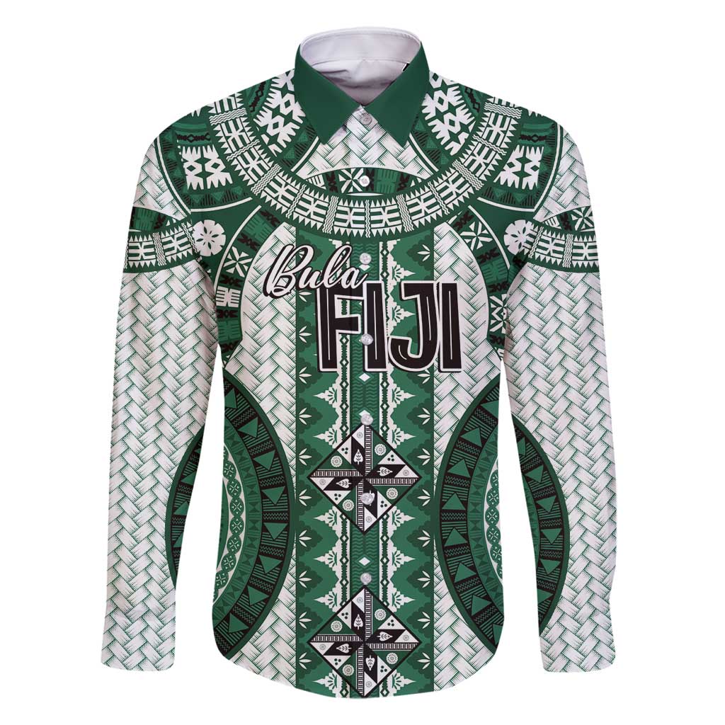 Bula Fiji Vintage Family Matching Summer Maxi Dress and Hawaiian Shirt Phthalo Green Masi Motifs LT7 Dad's Shirt - Long Sleeve Phthalo Green - Polynesian Pride