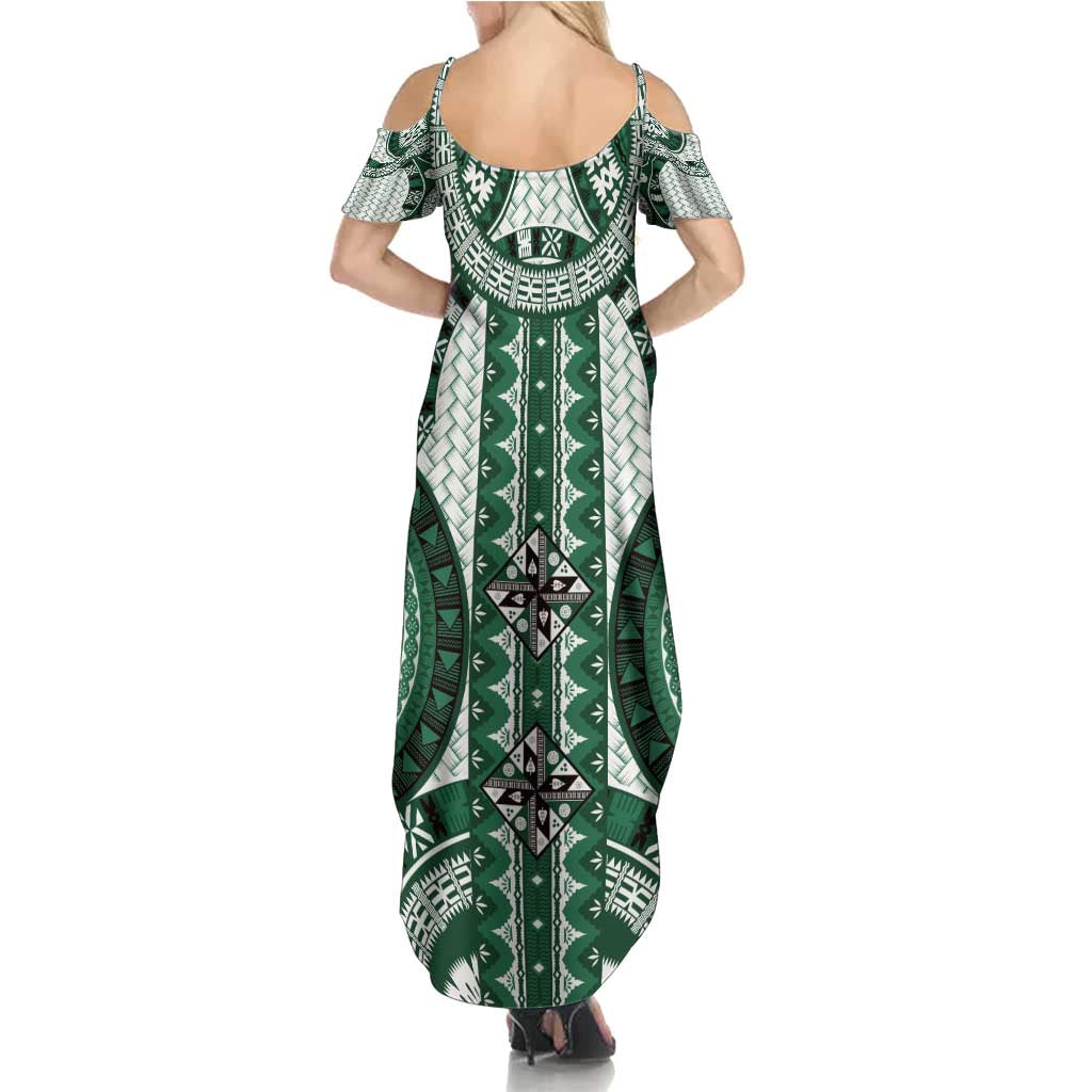 Bula Fiji Vintage Family Matching Summer Maxi Dress and Hawaiian Shirt Phthalo Green Masi Motifs LT7 - Polynesian Pride