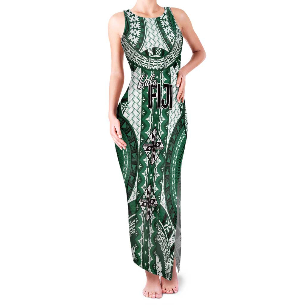 Bula Fiji Vintage Family Matching Tank Maxi Dress and Hawaiian Shirt Phthalo Green Masi Motifs LT7 Mom's Dress Phthalo Green - Polynesian Pride