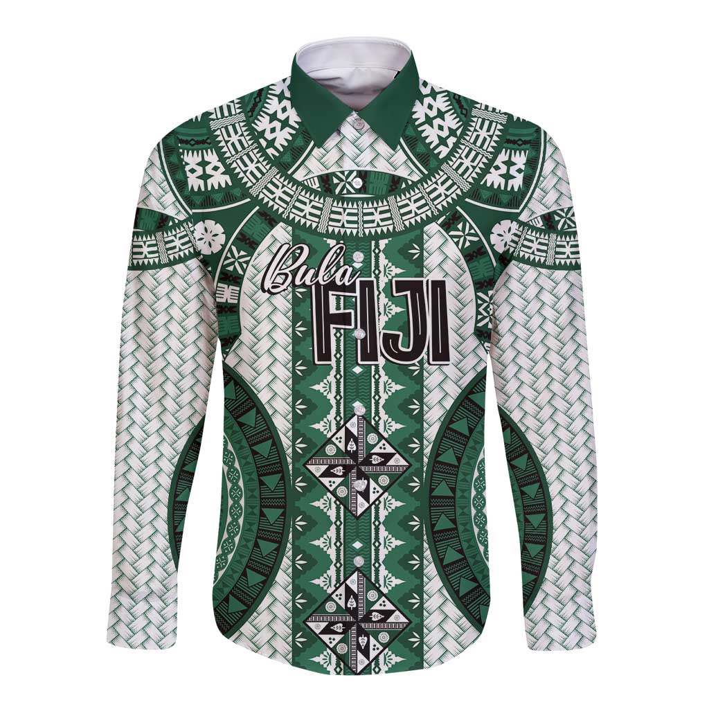 Bula Fiji Vintage Long Sleeve Button Shirt Phthalo Green Masi Motifs