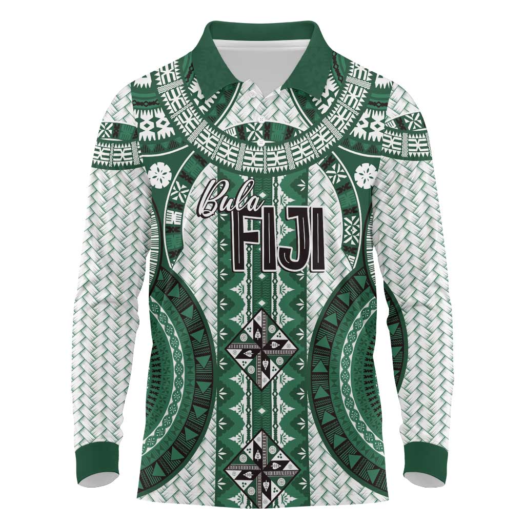 Bula Fiji Vintage Long Sleeve Polo Shirt Phthalo Green Masi Motifs