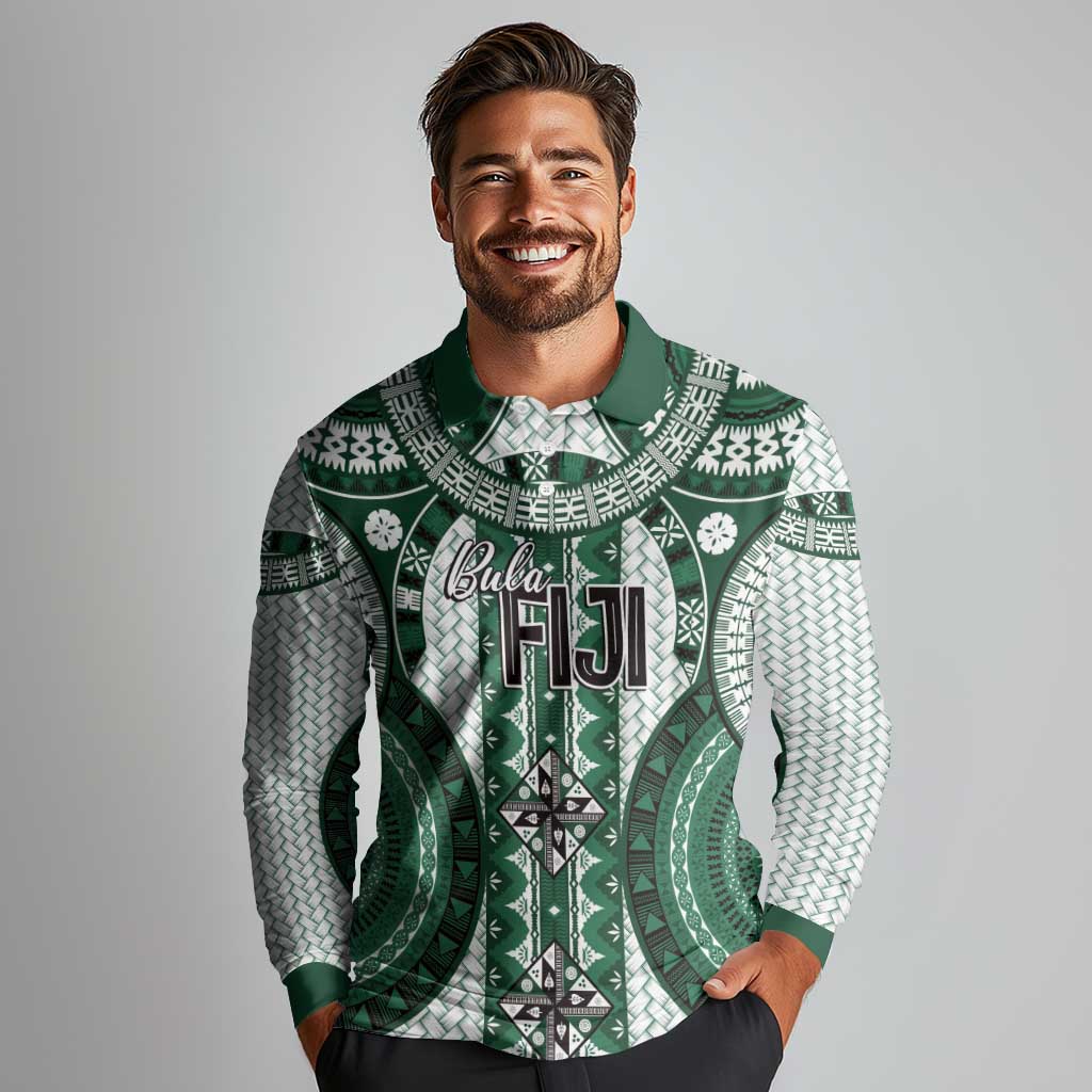 Bula Fiji Vintage Long Sleeve Polo Shirt Phthalo Green Masi Motifs