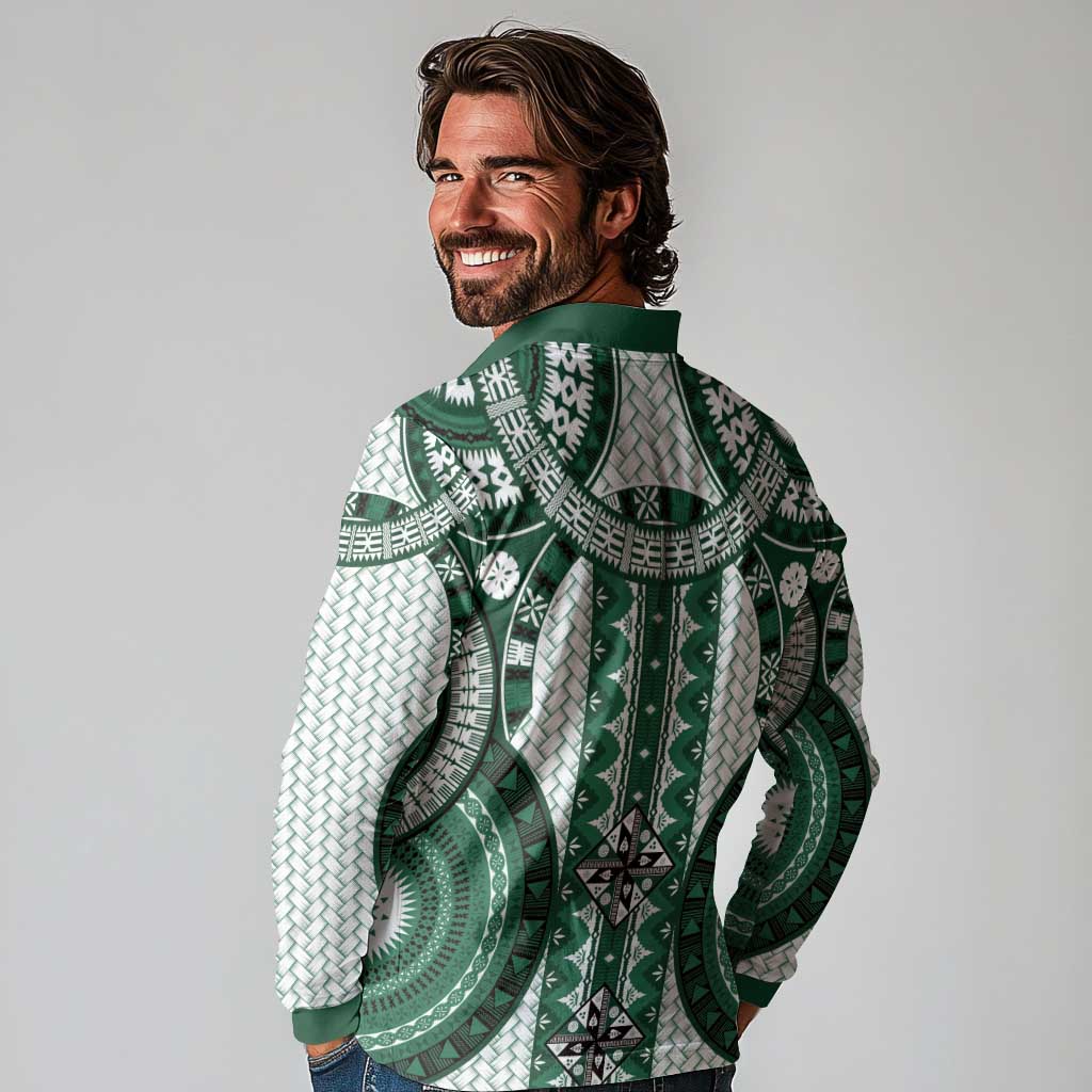 Bula Fiji Vintage Long Sleeve Polo Shirt Phthalo Green Masi Motifs