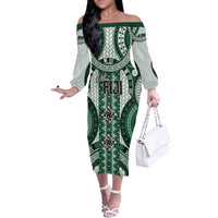 Bula Fiji Vintage Off The Shoulder Long Sleeve Dress Phthalo Green Masi Motifs