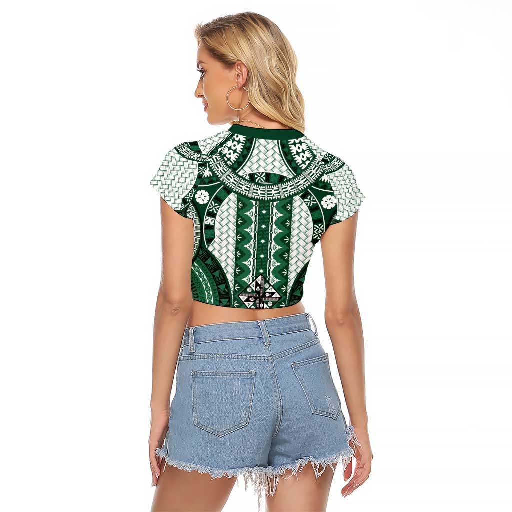 Bula Fiji Vintage Raglan Cropped T Shirt Phthalo Green Masi Motifs