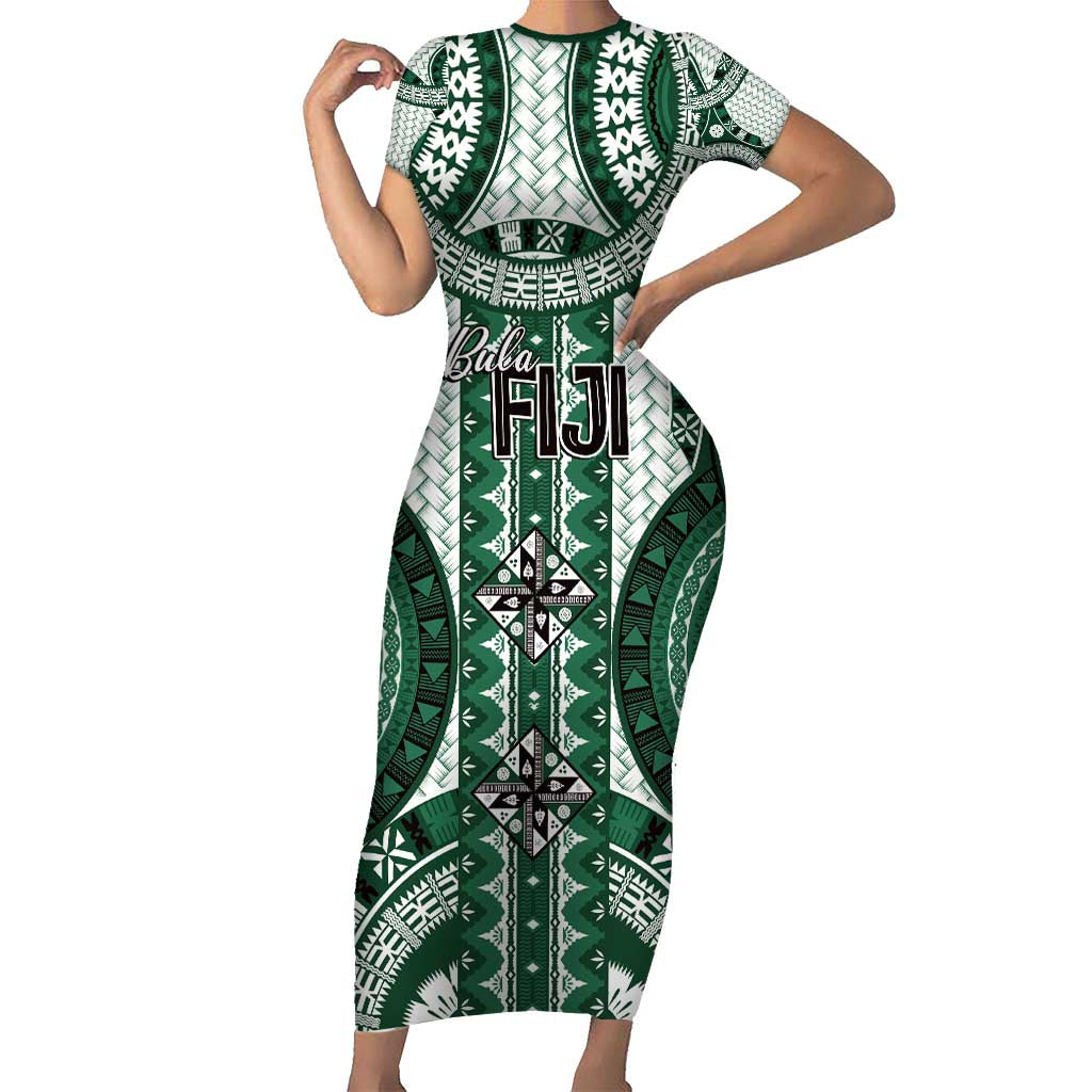 Bula Fiji Vintage Short Sleeve Bodycon Dress Phthalo Green Masi Motifs