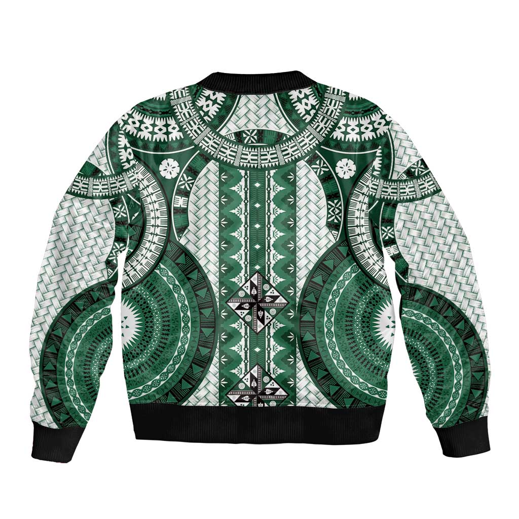 Bula Fiji Vintage Sleeve Zip Bomber Jacket Phthalo Green Masi Motifs
