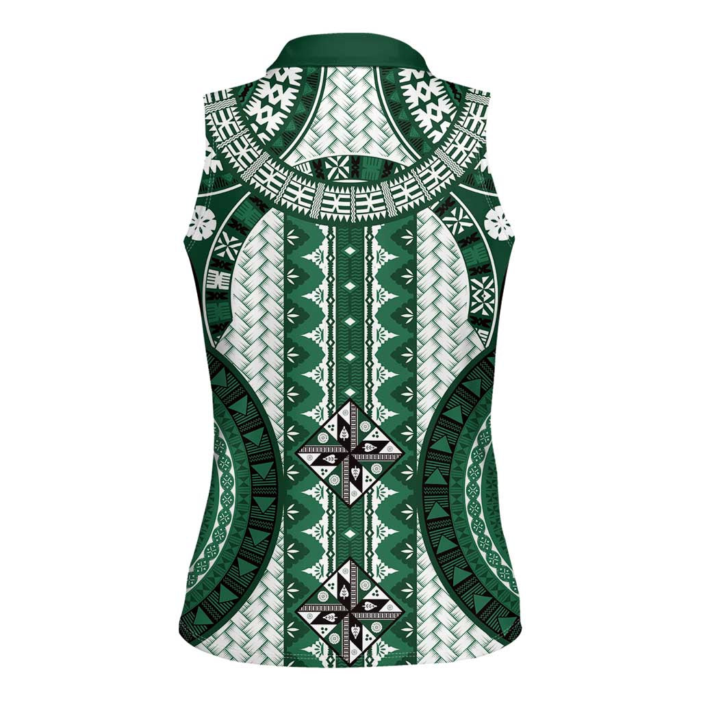 Bula Fiji Vintage Women Sleeveless Polo Shirt Phthalo Green Masi Motifs