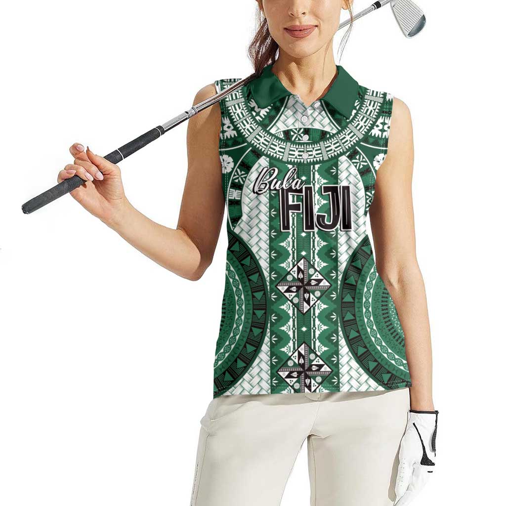 Bula Fiji Vintage Women Sleeveless Polo Shirt Phthalo Green Masi Motifs