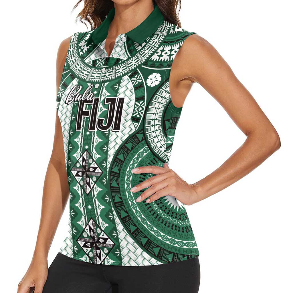 Bula Fiji Vintage Women Sleeveless Polo Shirt Phthalo Green Masi Motifs