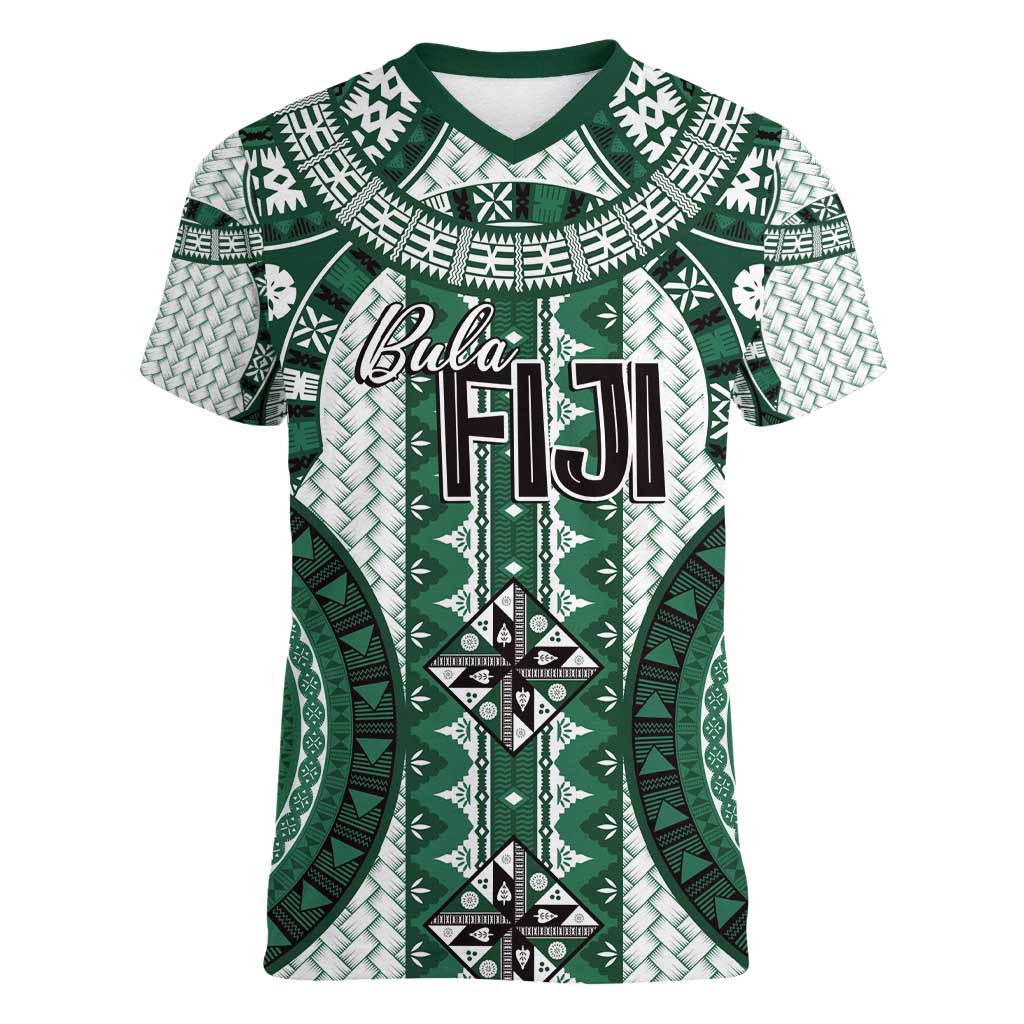 Bula Fiji Vintage Women V-Neck T-Shirt Phthalo Green Masi Motifs