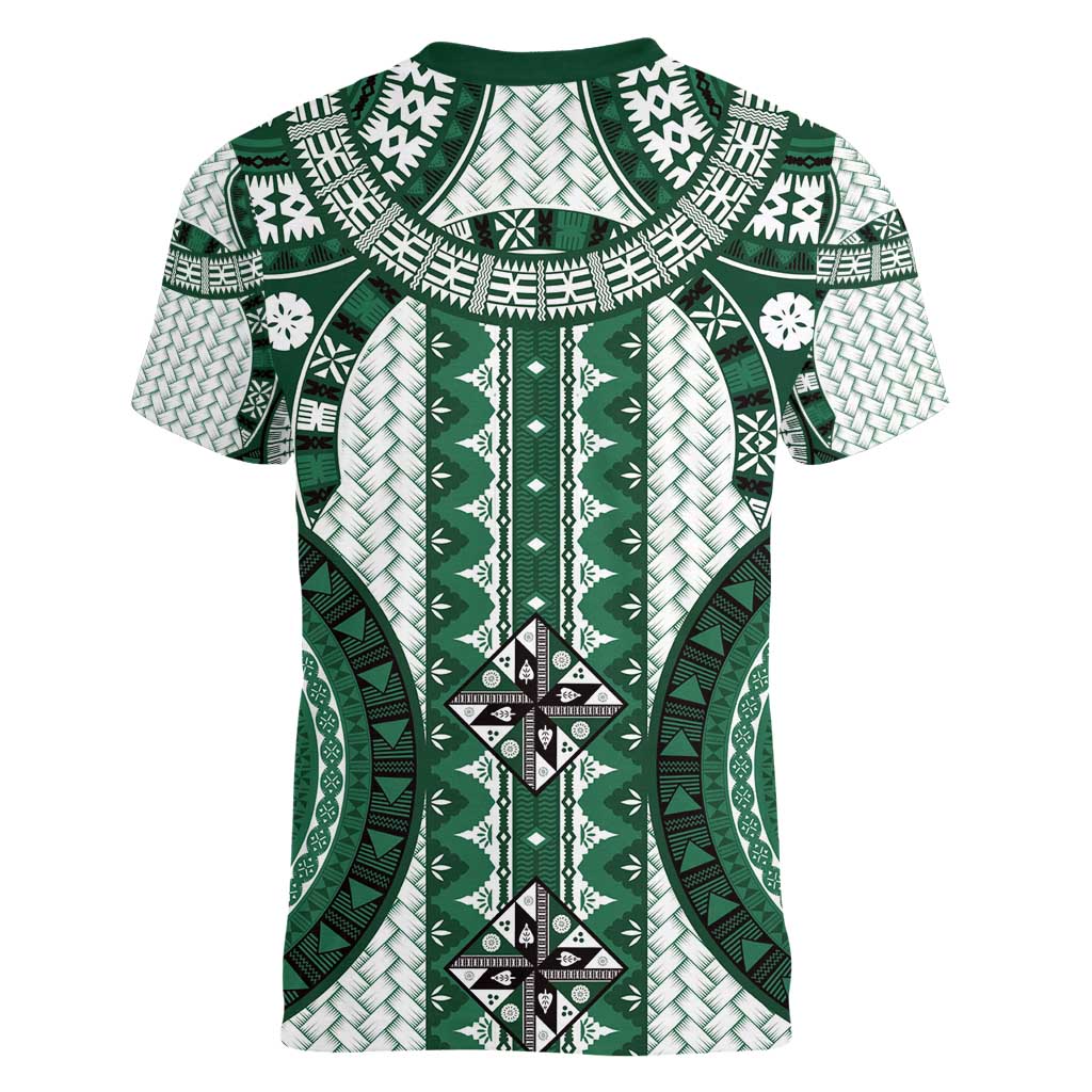 Bula Fiji Vintage Women V-Neck T-Shirt Phthalo Green Masi Motifs