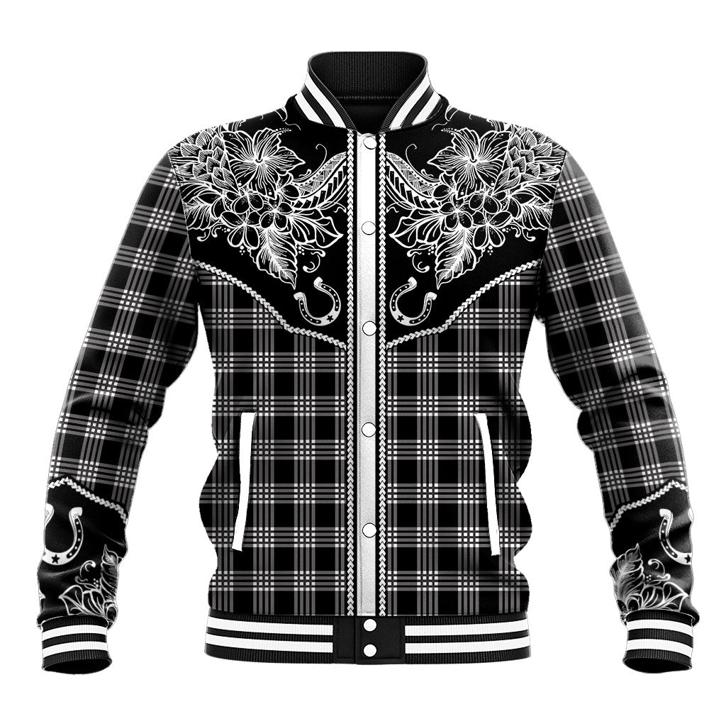 Hawai'i Paniolo Motif Black Baseball Jacket Floral Palaka Print LT7 Unisex Black - Polynesian Pride