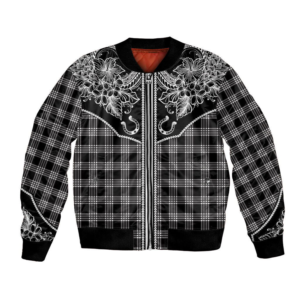 Hawai'i Paniolo Motif Black Bomber Jacket Floral Palaka Print LT7 Unisex Black - Polynesian Pride