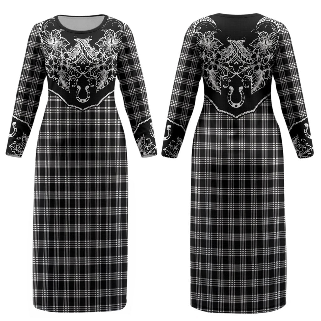 Hawai'i Paniolo Motif Black Couples Matching Long Sleeve Bodycon Dress and Hawaiian Shirt Floral Palaka Print LT7 - Polynesian Pride