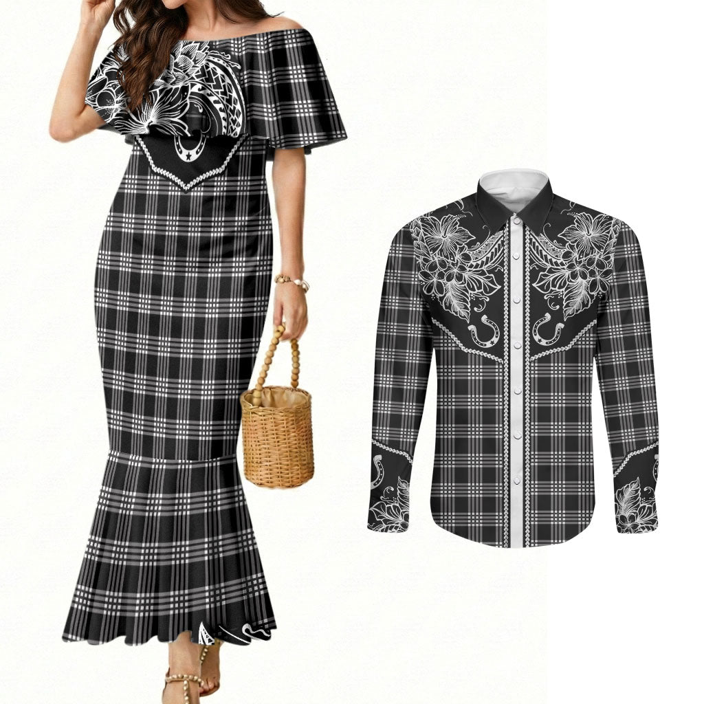 Hawai'i Paniolo Motif Black Couples Matching Mermaid Dress and Long Sleeve Button Shirt Floral Palaka Print