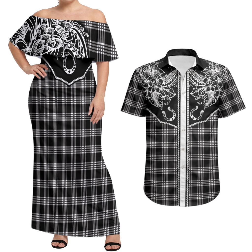 Hawai'i Paniolo Motif Black Couples Matching Off Shoulder Maxi Dress and Hawaiian Shirt Floral Palaka Print LT7 Black - Polynesian Pride