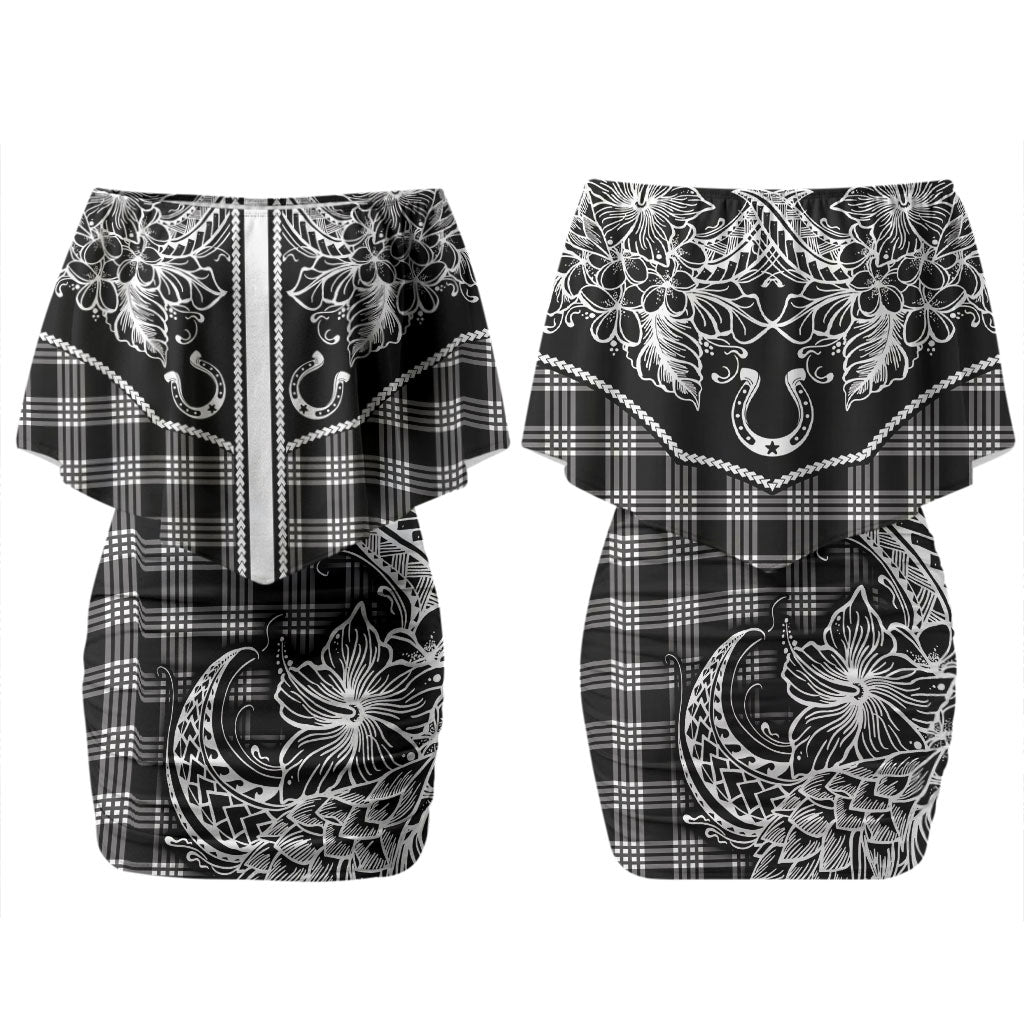 Hawai'i Paniolo Motif Black Couples Matching Off Shoulder Short Dress and Hawaiian Shirt Floral Palaka Print LT7 - Polynesian Pride