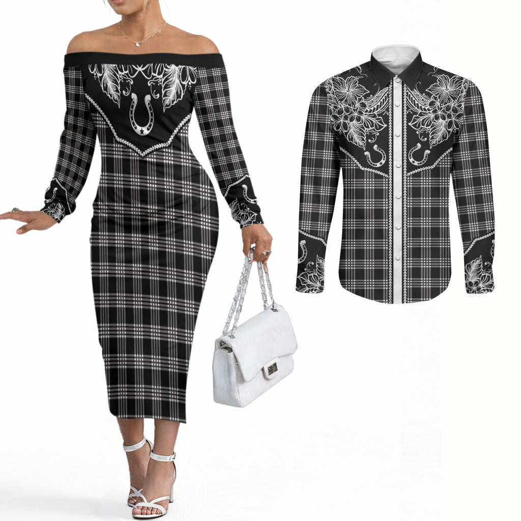 Hawai'i Paniolo Motif Black Couples Matching Off The Shoulder Long Sleeve Dress and Long Sleeve Button Shirt Floral Palaka Print
