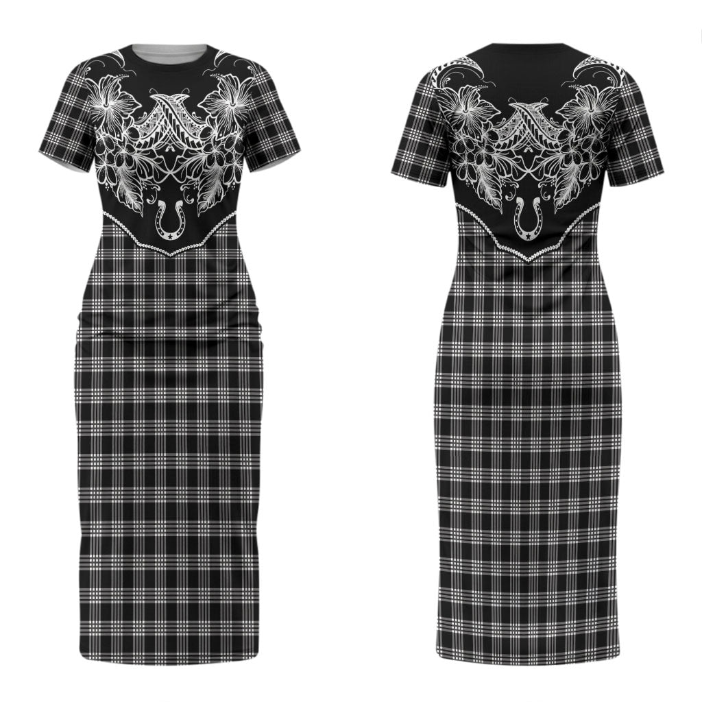 Hawai'i Paniolo Motif Black Couples Matching Short Sleeve Bodycon Dress and Long Sleeve Button Shirt Floral Palaka Print LT7 - Polynesian Pride