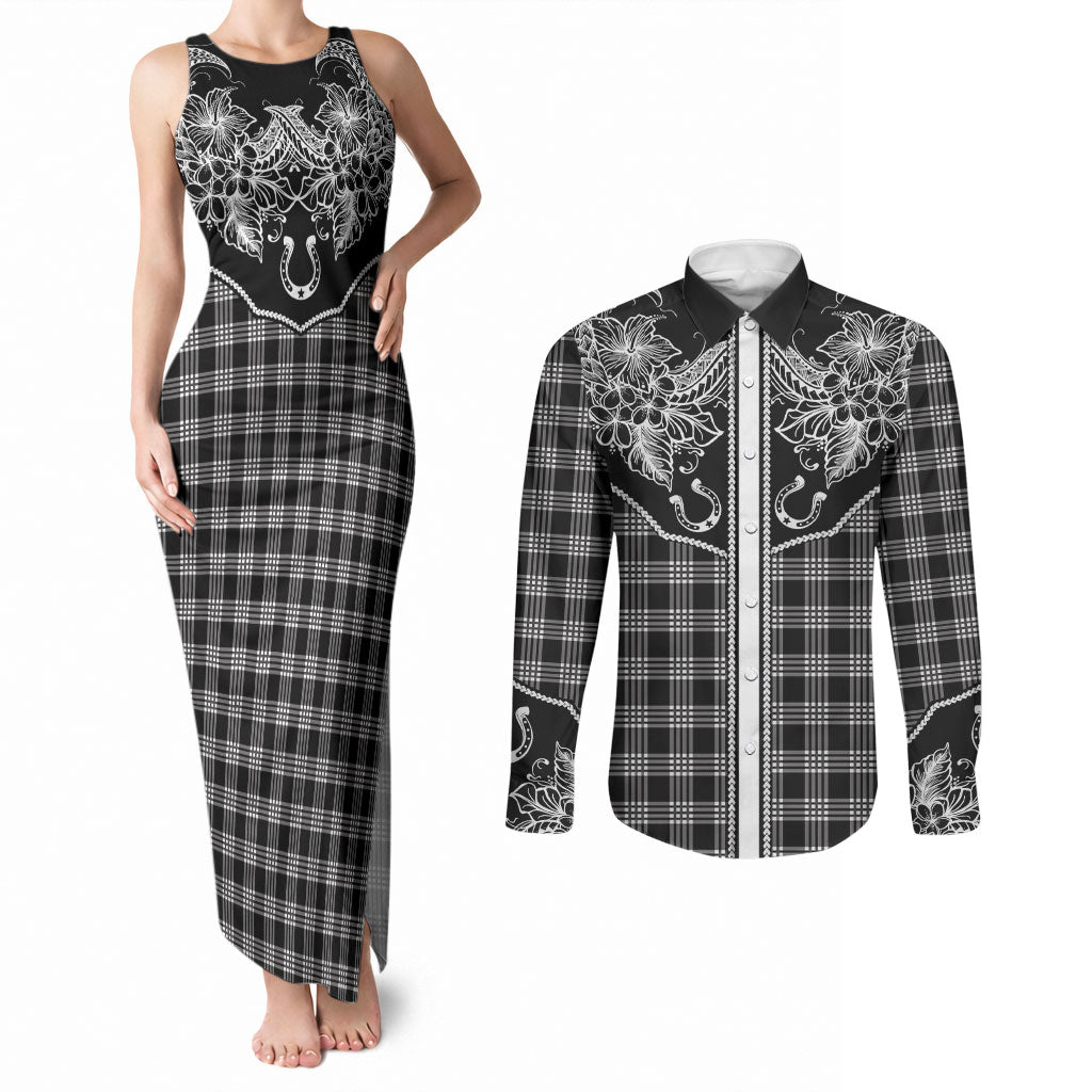 Hawai'i Paniolo Motif Black Couples Matching Tank Maxi Dress and Long Sleeve Button Shirt Floral Palaka Print LT7 Black - Polynesian Pride