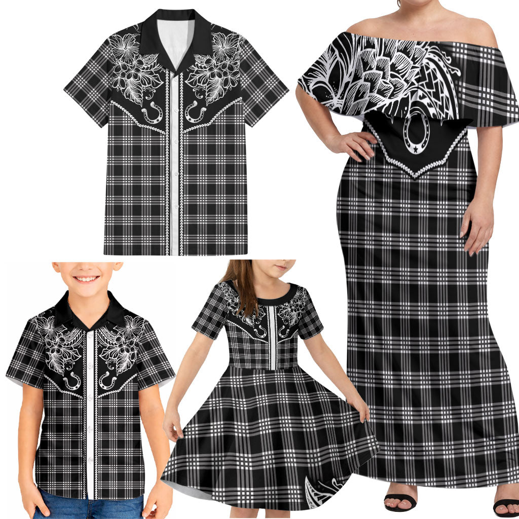 Hawai'i Paniolo Motif Black Family Matching Off Shoulder Maxi Dress and Hawaiian Shirt Floral Palaka Print LT7 - Polynesian Pride