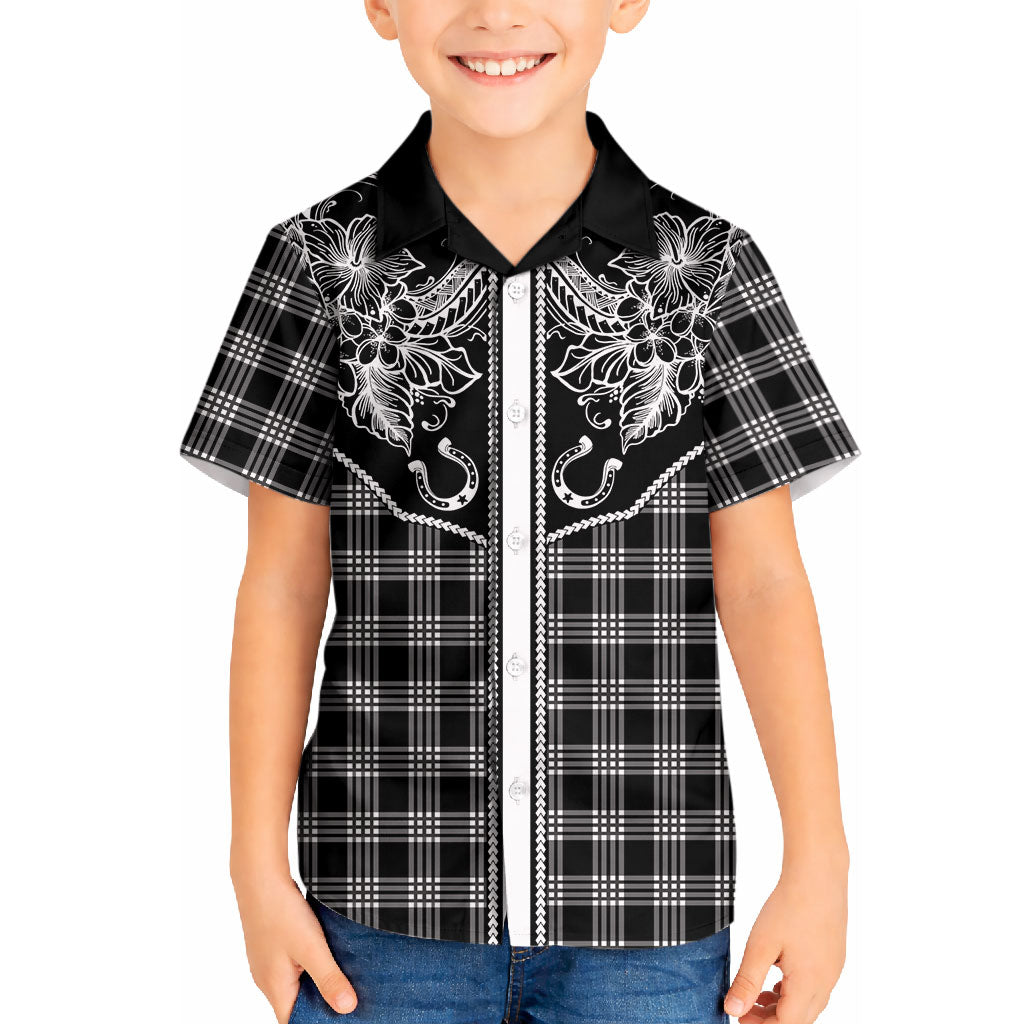 Hawai'i Paniolo Motif Black Kid Hawaiian Shirt Floral Palaka Print