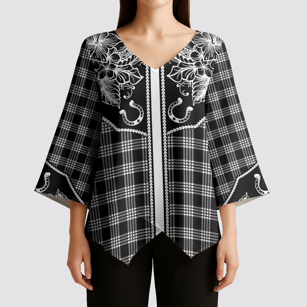 Hawai'i Paniolo Motif Black Kimono Sleeve Blouse Floral Palaka Print LT7 - Polynesian Pride