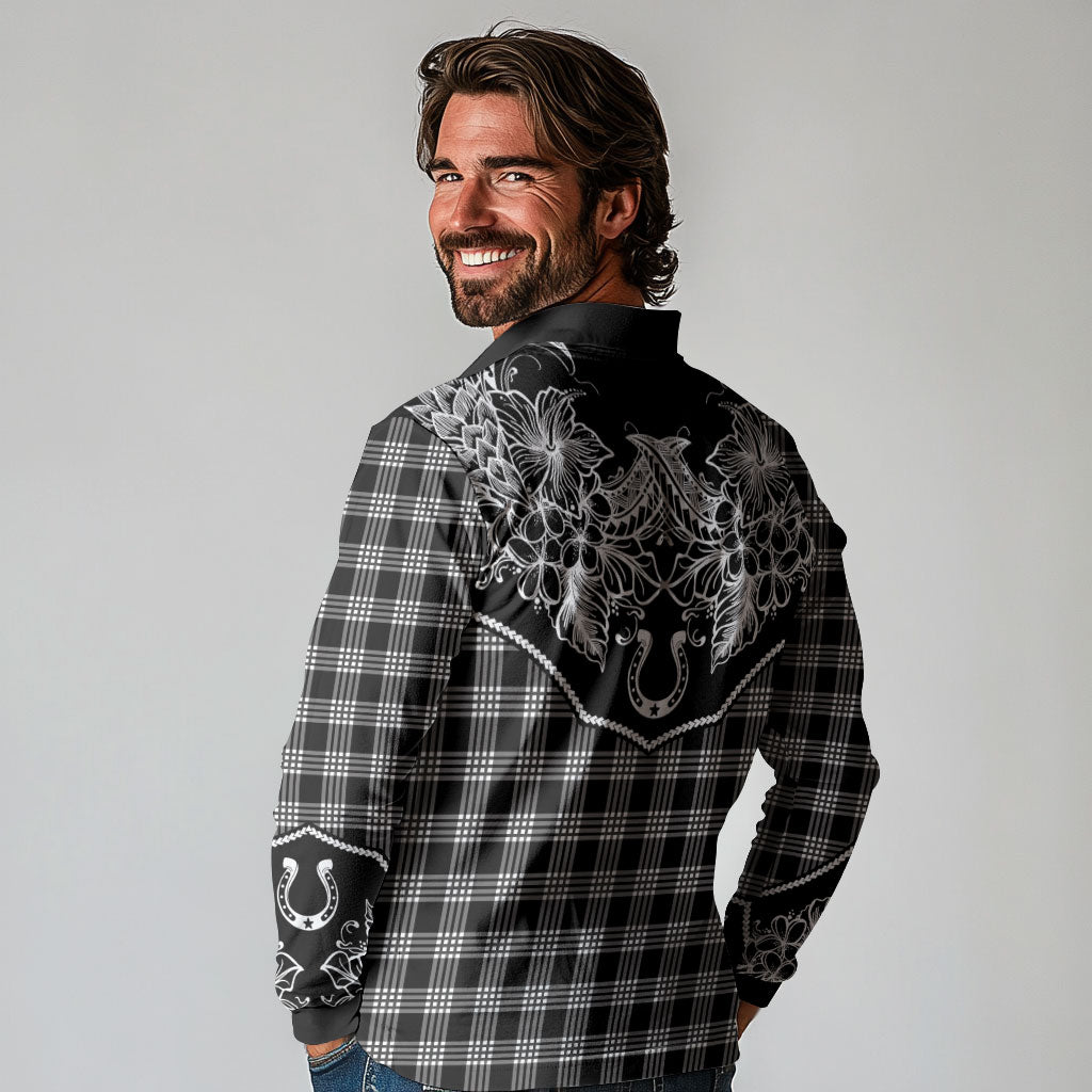 Hawai'i Paniolo Motif Black Long Sleeve Polo Shirt Floral Palaka Print LT7 - Polynesian Pride